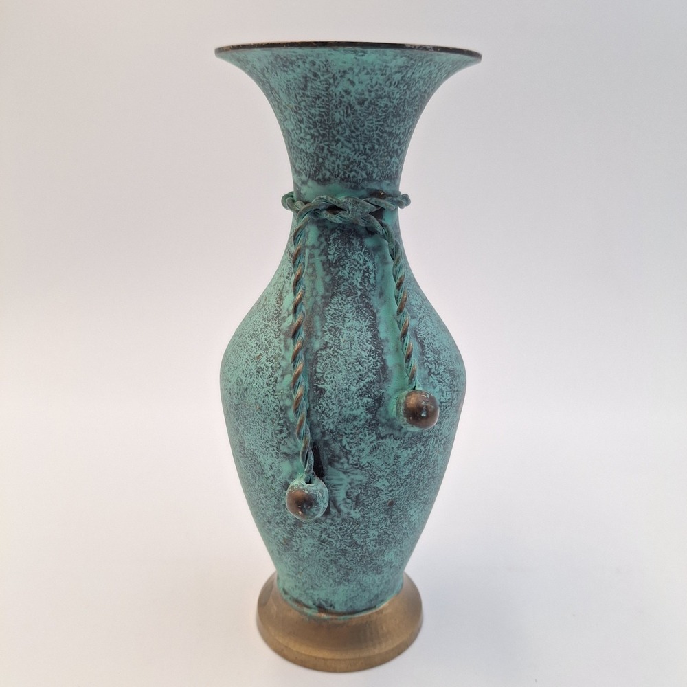 Vintage Verdigris Brass Vase Made in India Turquoise Patina Rope Tassel 6"